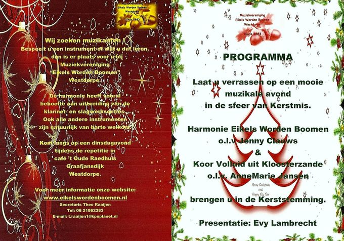 Programma Kerstconcert 21 december 2019 in de Kirke te Westdorpe.